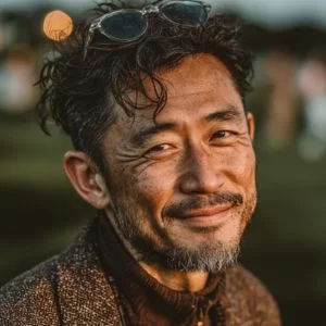 岩手在住の40代男性ゴルファーが、ゴルフウェア姿でバストアップに写り、落ち着いた表情でラウンド前の時間を過ごしている様子