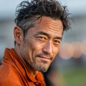 北上市在住の40代男性ゴルファーが、ゴルフウェア姿でバストアップに写り、落ち着いた表情をしている様子