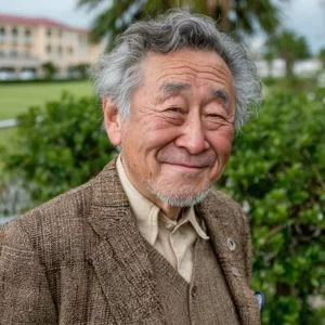 足立区在住の山本さん(70代男性)、ゴルフウェア姿でバストアップの穏やかな笑顔を見せるシニアゴルファー