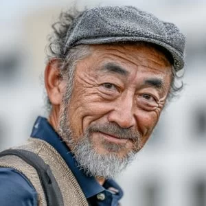 杉並区在住の山本さん(70代男性)、ゴルフウェア姿でバストアップの穏やかな笑顔を見せるシニアゴルファー