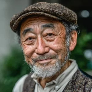 愛知在住の70代男性ゴルファーが、ゴルフウェア姿でバストアップ、やさしい笑顔を見せている様子