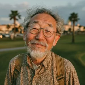 岩手在住の70代男性ゴルファーが、ゴルフウェア姿でバストアップに写り、同年代とのラウンドを楽しむ穏やかな表情を見せている様子