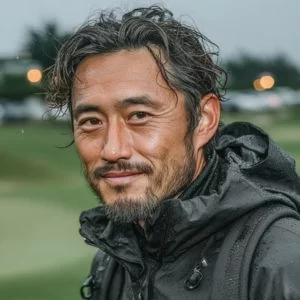 (40代男性)、ゴルフウェア姿でバストアップの穏やかな表情を見せる練習熱心なゴルファー