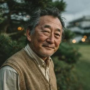 郡山市在住の70代男性ゴルファーが、同年代とゆったりゴルフを楽しむ雰囲気で、ゴルフウェア姿のバストアップで優しく微笑んでいる様子