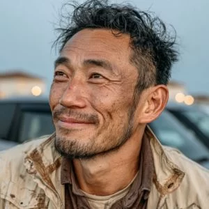 東大阪市在住の30代男性初心者ゴルファーが、ゴルフウェア姿でバストアップで安心した表情を見せている様子