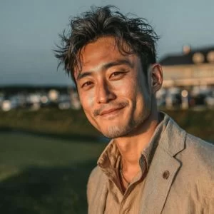 岩手在住の30代男性ゴルファーが、ゴルフウェア姿でバストアップに写り、初心者として落ち着いた表情でラウンドを楽しんでいる様子