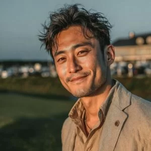 千代田区在住の中村さん(30代男性)、ゴルフウェア姿でバストアップのリラックスした表情を見せる初心者ゴルファー