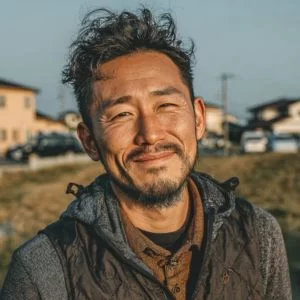 品川区在住の中村さん(30代男性)、ゴルフウェア姿でバストアップのリラックスした表情を見せる初心者ゴルファー