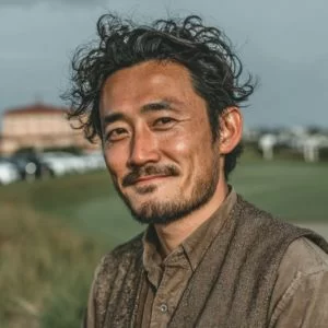 江戸川区在住の中村さん(30代男性)、ゴルフウェア姿でバストアップのリラックスした表情を見せる初心者ゴルファー