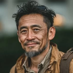 八尾市在住の40代男性ゴルファーが、ゴルフウェア姿でバストアップ、落ち着いた表情を見せている様子