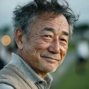 長崎市在住の50代男性ゴルファーが、ゴルフウェア姿でバストアップの引き締まった表情を見せている様子