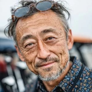 千葉市在住の50代男性ゴルファーが、ゴルフウェア姿でバストアップに引き締まった表情を見せている様子