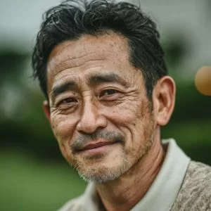千代田区在住の小林さん(40代男性)、ゴルフウェア姿でバストアップの落ち着いた笑顔を見せるエンジョイゴルファー