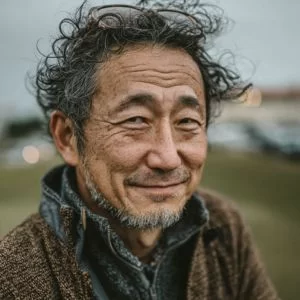 足立区在住の松本さん(50代男性)、ゴルフウェア姿でバストアップの真剣な表情を見せる競技志向ゴルファー