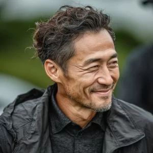 杉並区在住の松本さん(50代男性)、ゴルフウェア姿でバストアップの真剣な表情を見せる競技志向ゴルファー