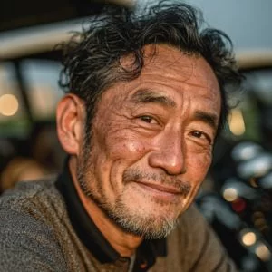 さいたま市西区周辺のゴルフ場で、競技志向の50代男性ゴルファーがゴルフウェア姿でバストアップに写る写真、上達を意識した真剣すぎない表情