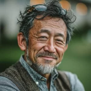 鳥取市在住の50代男性ゴルファーが、ゴルフウェア姿でバストアップ、引き締まった表情をしている様子