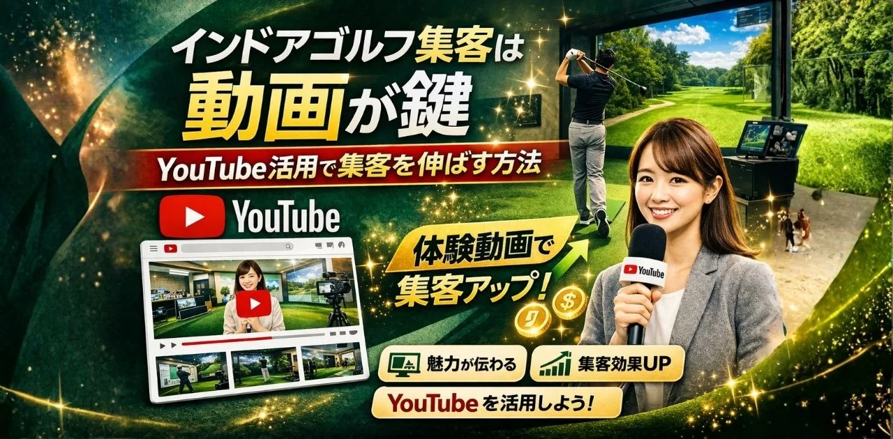 インドアゴルフ集客は動画が鍵 YouTube活用で集客を伸ばす方法を解説したPC用アイキャッチ画像