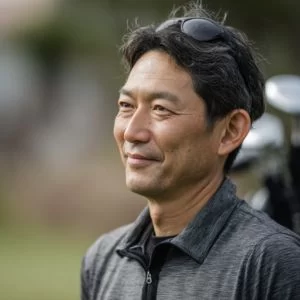 市原市青葉台在住の松本さん（50代男性）、上達志向でゴルフに取り組む競技寄りゴルファーの表情